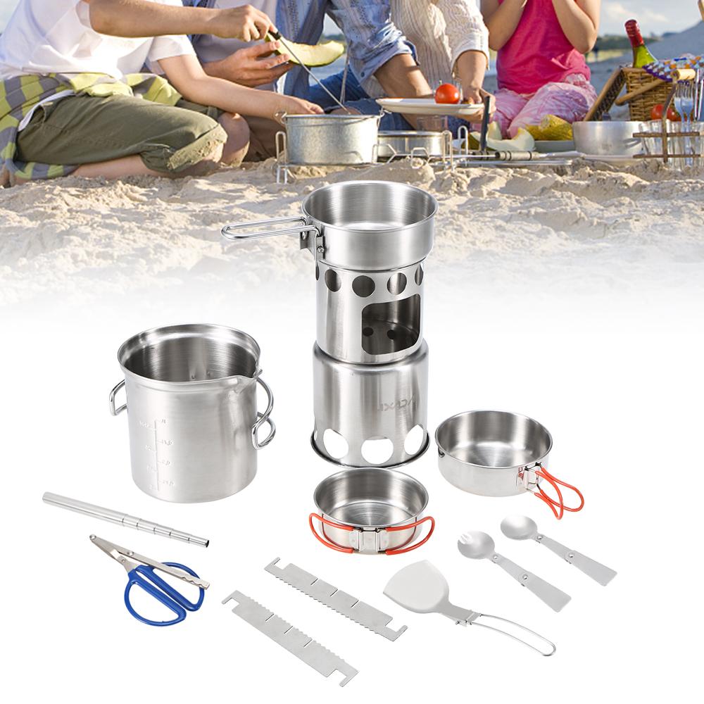 TOMTOP JMS Lixada 10Pcs Camping Cookware Mess Kit al aire libre portátil de acero inoxidable plegable estufa de leña Pot Pan