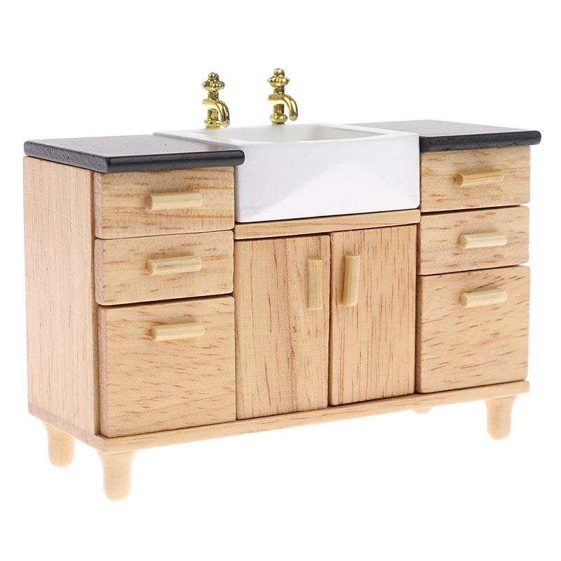 creativespace 1/12 Gabinete de lavabo de madera con fregadero de mano de cerámica Muebles en miniatura Juguetes para dollhouse Baño Cocina Decoración