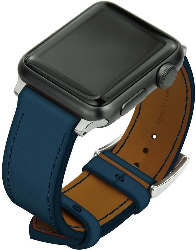 Noreve Correa de cuero para reloj Apple Watch Blu mediterran Caja - Inserciones de 38 / 40 / 41 mm plateadas + hebilla con hebijón plateada