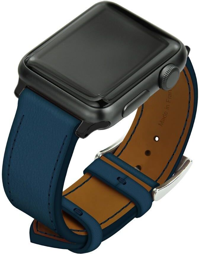 Noreve Correa de cuero para reloj Apple Watch Blu mediterran Caja - Inserciones de 42 / 44 / 45 mm negras + hebilla con hebijón plateada