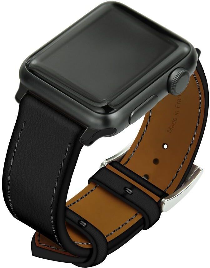 Noreve Correa de cuero para reloj Apple Watch Negre poudro Caja - Inserciones de 38 / 40 / 41 mm negras + hebilla con hebijón plateada