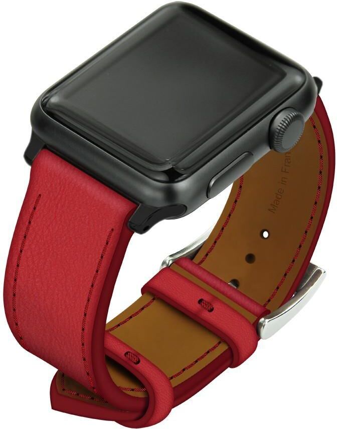 Noreve Correa de cuero para reloj Apple Watch – Griffe 1 Rouge troupelenc Caja - Inserciones de 42 / 44 / 45 mm negras + hebilla con hebijón plateada