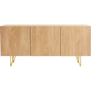 Miliboo Aparador de diseño de madera de roble claro con grabados y metal dorado 3 puertas 160 cm OZEN