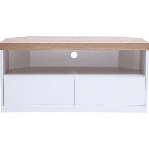 Miliboo Mueble TV esquinero de contrachapado de madera de fresno y blanco MAX