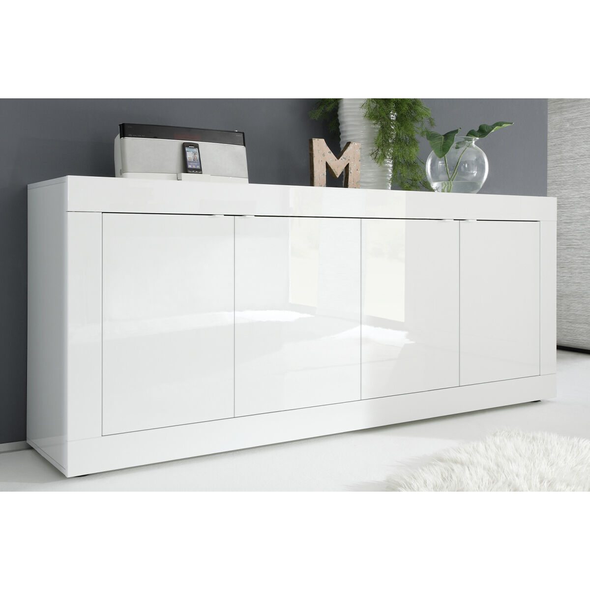 Miliboo Aparador de diseño lacado blanco brillante 4 puertas 207 cm LATTE