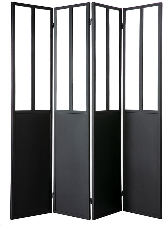 Miliboo Biombo 4 paneles en metal negro y cristal RACK