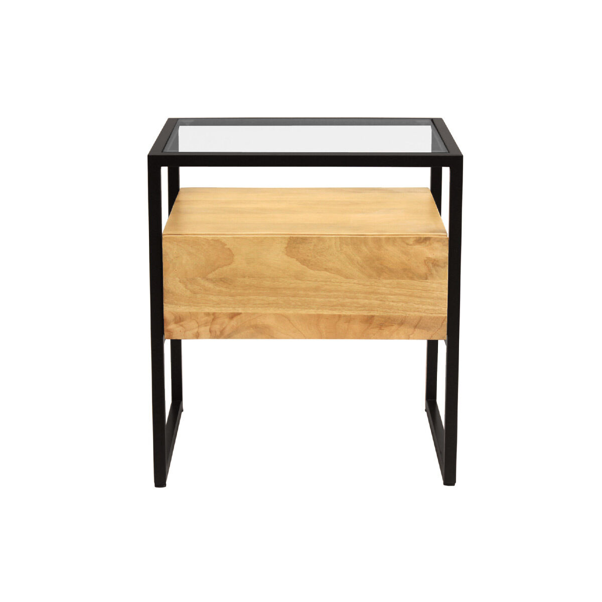 Miliboo Mesilla de noche de madera maciza de mango, cristal y metal negro con cajón 50 cm DIYA