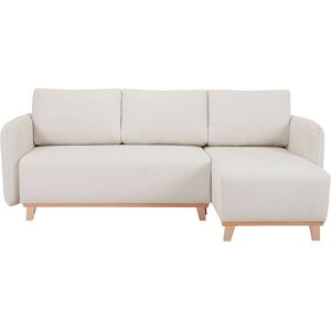 Miliboo Sofá cama chaise longue reversible 3-4 plazas de tejido efecto aterciopelado texturizado beige y madera clara ROMANE