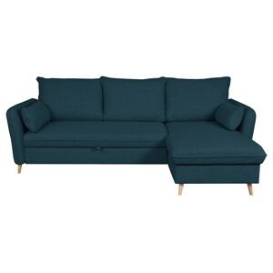 Miliboo Sofá cama con chaise longue 3-4 plazas con canapé de tela azul marino y madera clara DRISS