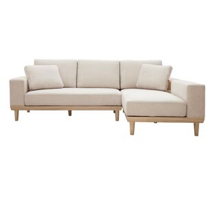 Miliboo Sofá chaise longue a la derecha 5 plazas con almacenaje de tela texturizada beige efecto aterciopelado y madera clara KOMAO