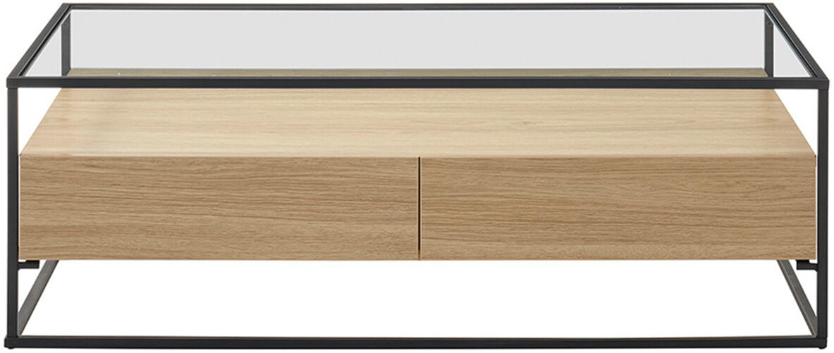 Miliboo Mesa de centro moderna con tablero de cristal y cajones madera FINN