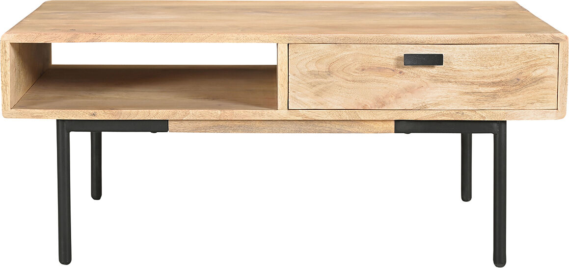 Miliboo Mesa de centro rectangular con 2 cajones de madera maciza de mango y metal negro 100 cm JUDE