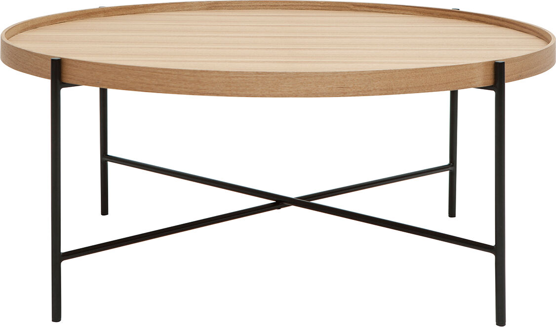 Miliboo Mesa de centro redonda de madera clara y metal negro 90 cm BASSY