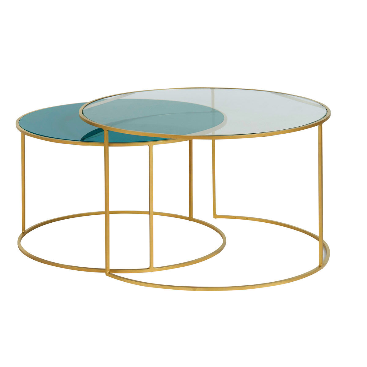 Miliboo Set de 2 mesas nido de centro en metal dorado y cristal tintado azul petróleo ROXO