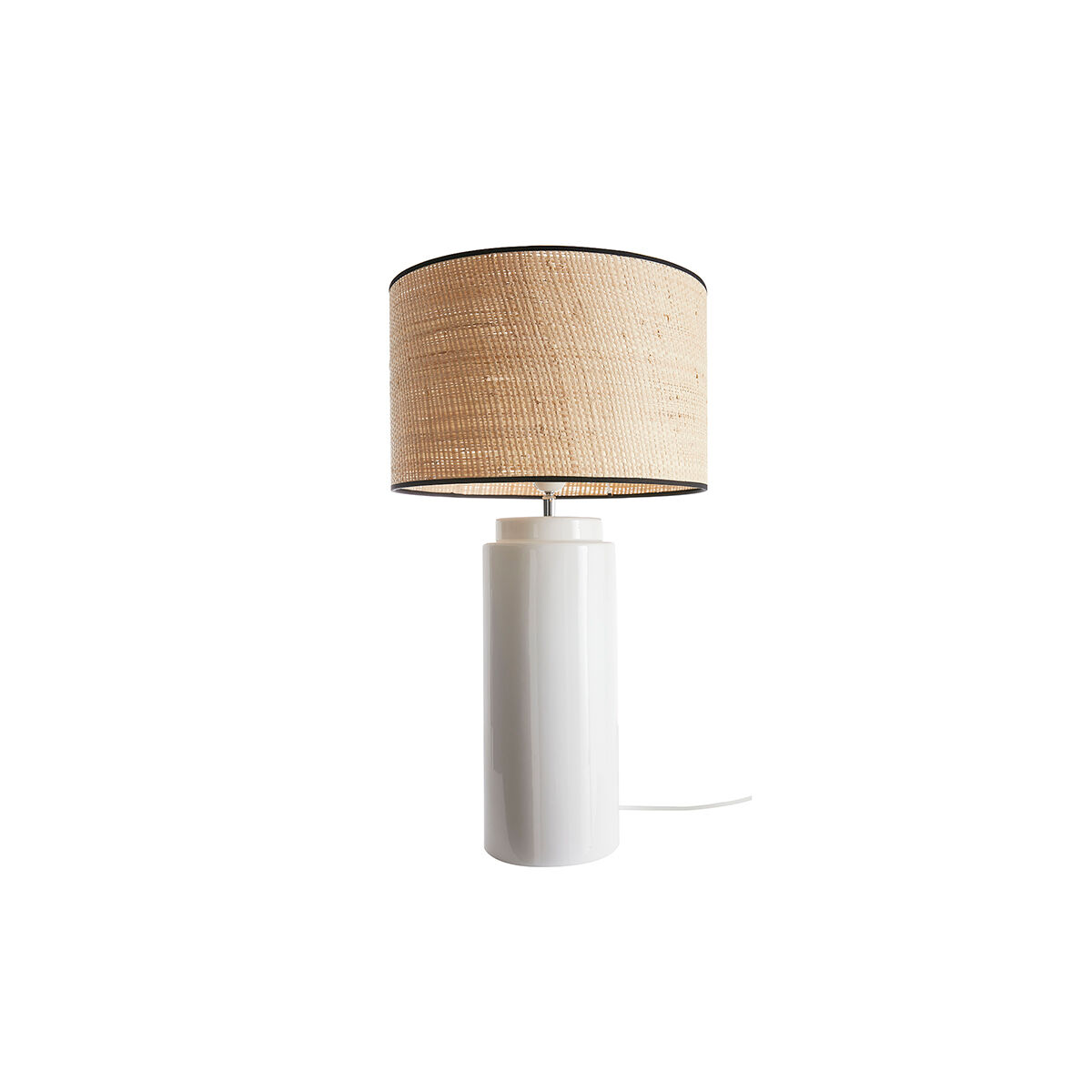 Miliboo Lámpara de mesa de cerámica esmaltada blanca con pantalla de rafia natural 64 cm MAJES