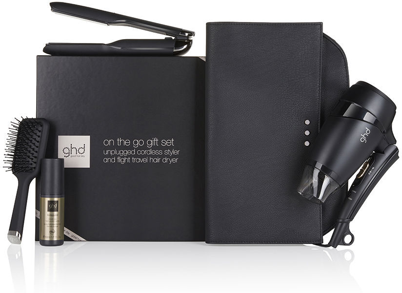 ghd set de viaje, plancha de pelo inalámbrica unplugged y Secador flight