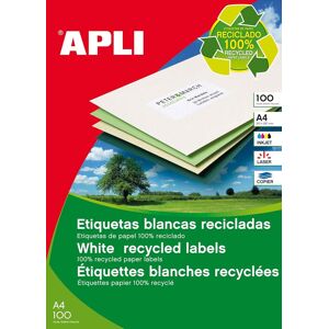 Apli 12066 - Etiquetas blancas permanentes recicladas 105,0 x 42,4 mm 100 hojas. Etiquetas blancas cantos rectos tamaño 105,0 x 42,4 mm con adhesivo