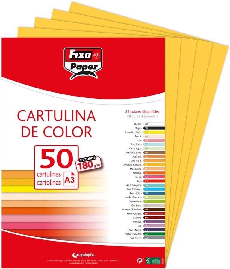 Fixo Cartulina A3 180g amarilla canario 50u