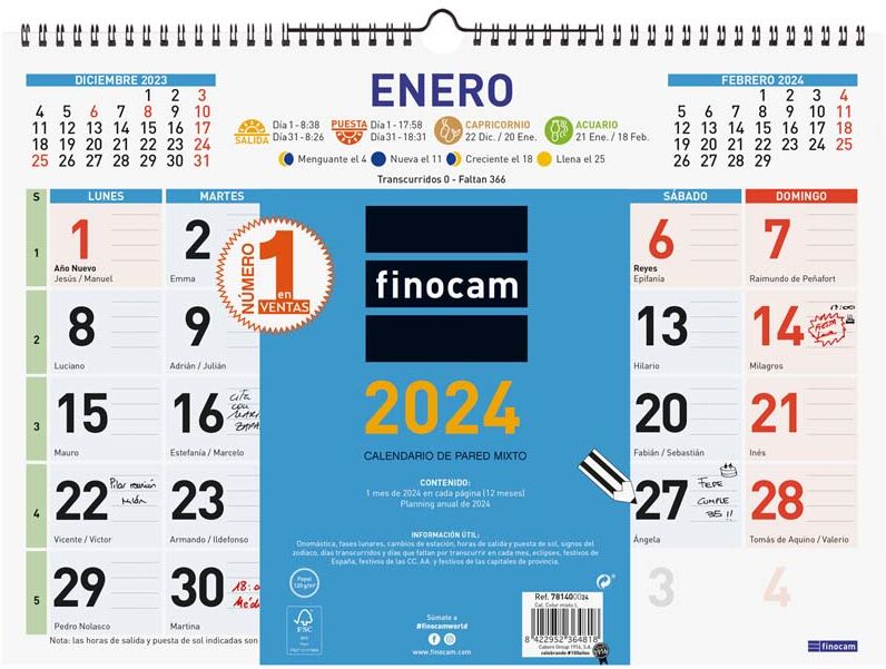 Finocam Calendario pared  Color Mixto L 43X31 2024 cas