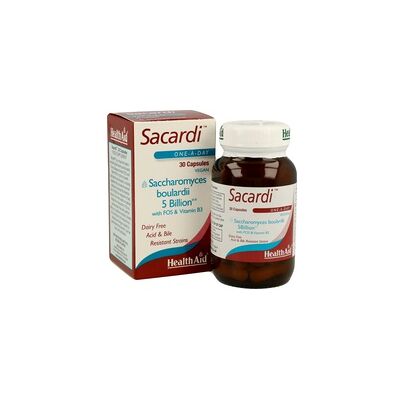 HealthAid Sacardi - Saccharomyces boulardii 5 mil millones + Vit B3 + FOS - Vegano HealthAid Sacardi - Saccharomyces boulardii 5 mil millones + Vit B3 + FOS - Vegano