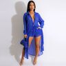 Sheer Chiffon Two Piece Set For Women 2024 Long Sleeve Side Split Long Shirt Top And Shorts Sets Womens 2 Piece Outfits Clubwear Blue