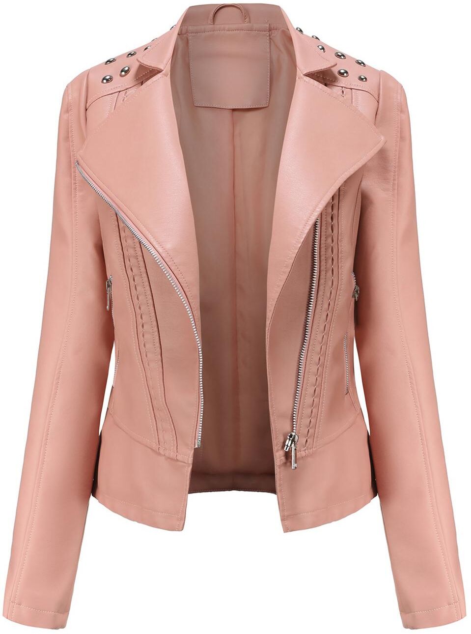 Chaqueta De Cuero Sintético Para Mujer Moto Biker Abrigo Corto Pu Motocicleta Racer Solapa Collar Crop Blazer Punk Rock Elegante Outwear Con Remaches Moda Tops Outfit Pink L