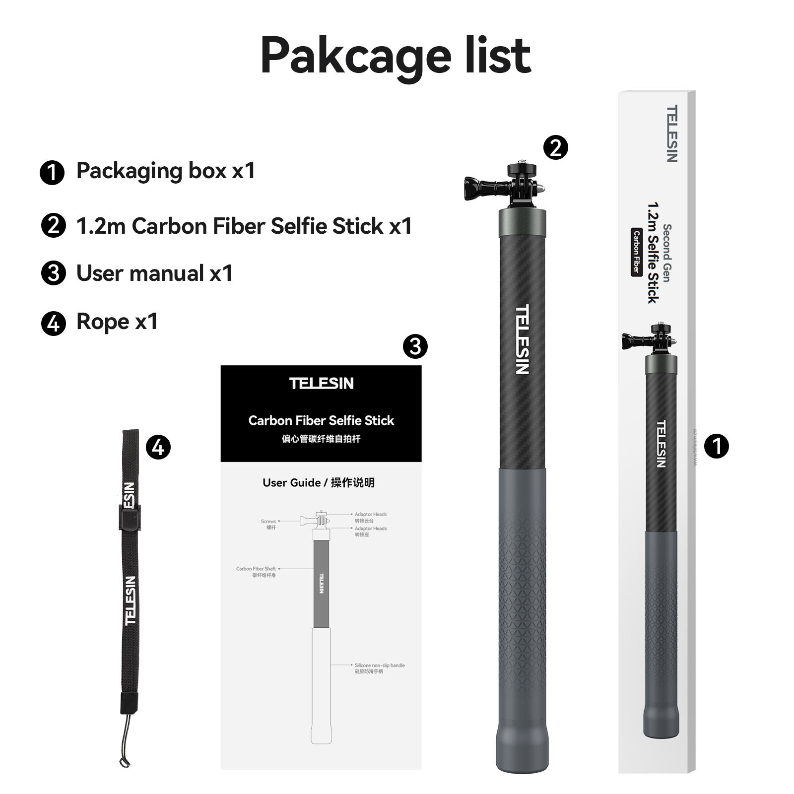 Telesin 1.2m 3m Carbon Fiber Selfie Stick Monopod Extendable With 1/4 Screw For Gopro Insta360 Osmo Action Dji Action Camera 1.2m