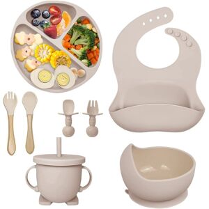 Bebe Silicona Con Ventosa Plato Cuenco Cuchara Tenedor Tazas Babero Set Sin Bpa,8 Piezas Antideslizante Compartimentos Aprendiz Beige