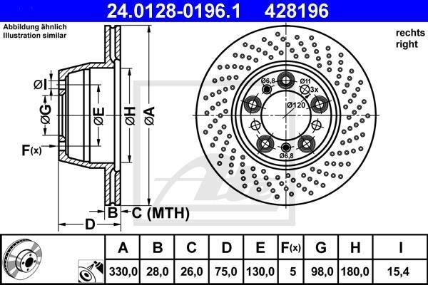 ATE Disco de freno trasero derecho para PORSCHE: 911 (Ref: 24.0128-0196.1)