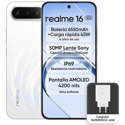 Realme 16 5g 6,57" 256gb Blanco + Cargador Supervooc 45w Realme 16 5g 6,57" 256gb Blanco + Cargador Supervooc 45w