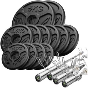 Marbo Sport Conjunto 65kg   Barra olímpica de 180 cm + barra de curl ligeramente curvada de 120 cm + 2x barra de mancuernas de 50 cm + discos de pesas 2x5kg, 6x2,5kg, 4x1,25kg -