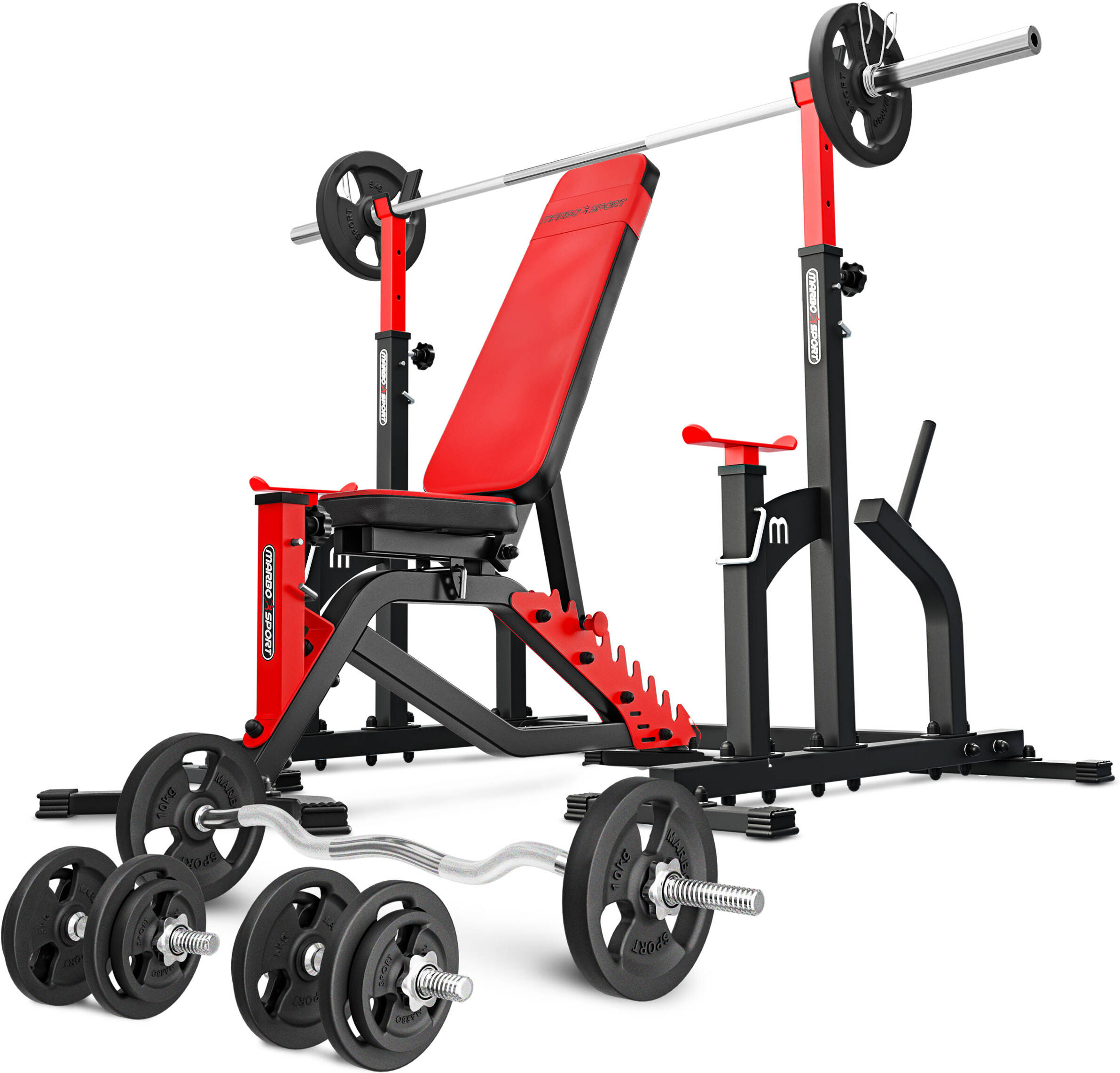 Marbo Sport Set MS2_140KG_KIER   Banco reversible MS-L101 + Soportes combinados con seguro MS-S104 + Juego de barras reforzadas y pesas 83 kg -