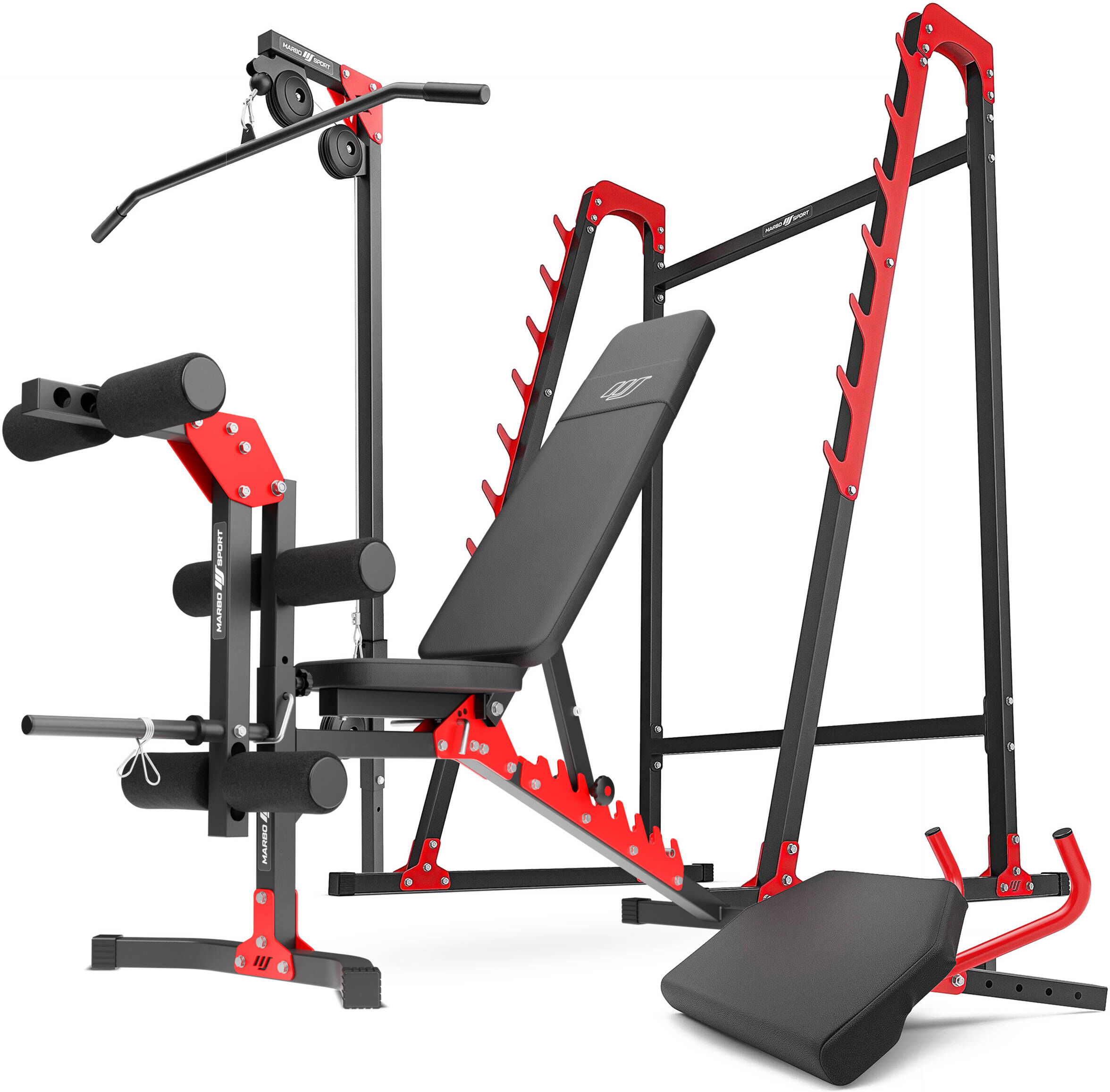 Marbo Sport Set MH26   Banco de entrenamiento MH-L115 + Soportes multinivel MH-S204 + Entrenador de piernas MH-A102 + Bícep curl con asas MH-A101 + Elevador superior e inferior MH-W104 -