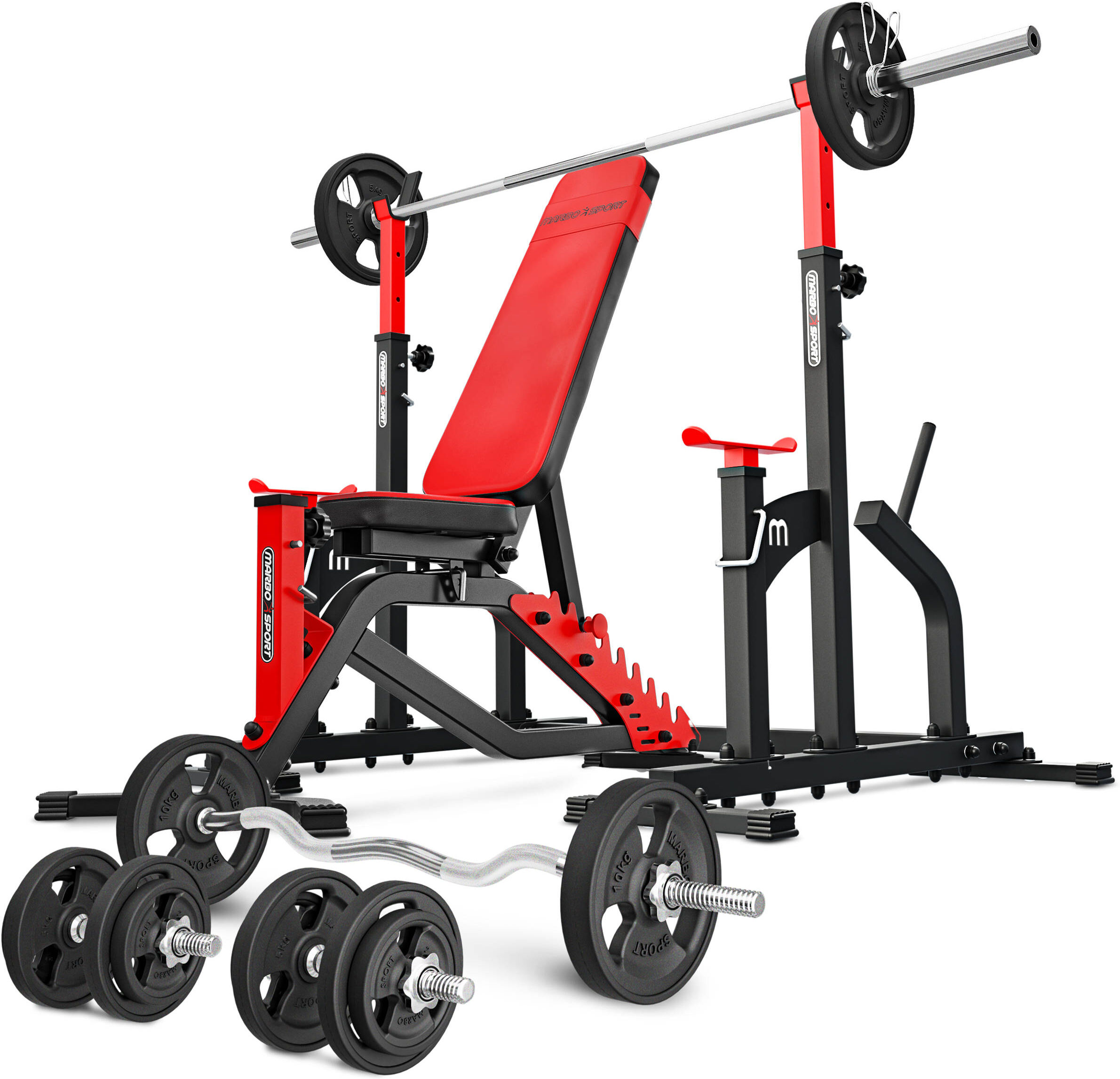 Marbo Sport Set MS2_140KG_KIER_G   Banco reversible MS-L101 + Soportes combinados con seguro MS-S104 + Juego de barras reforzadas y pesas de goma 83 kg -