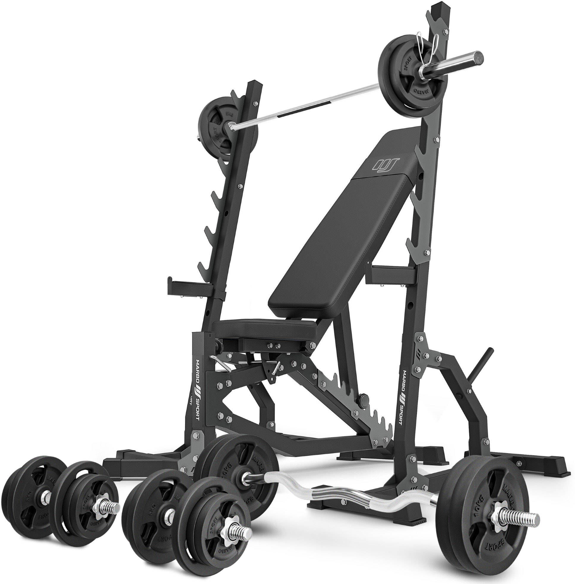 Marbo Sport Set MS8_2.0_113KG   banco de entrenamiento ajustable de doble cara + soporte multinivel (2 piezas) + juego de barras y discos de pesas 113 kg -