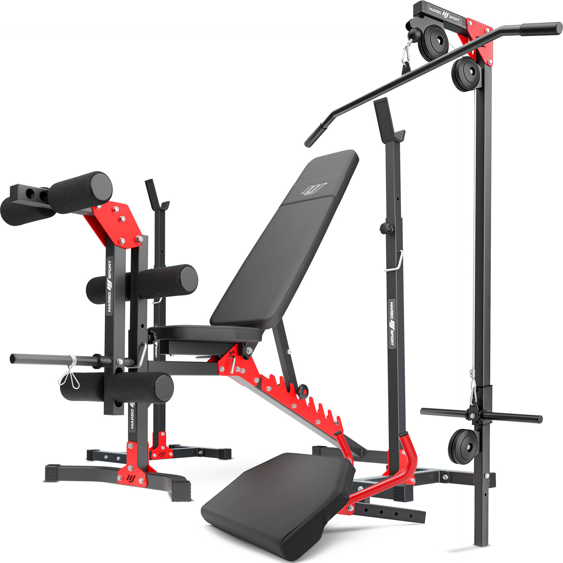 Marbo Sport Set MH25   Banco de entrenamiento MH-L115 + Soportes de barra MH-S201 + Entrenador de piernas MH-A102 + Bícep curl con asas MH-A101 + Elevador superior e inferior MH-W104 -