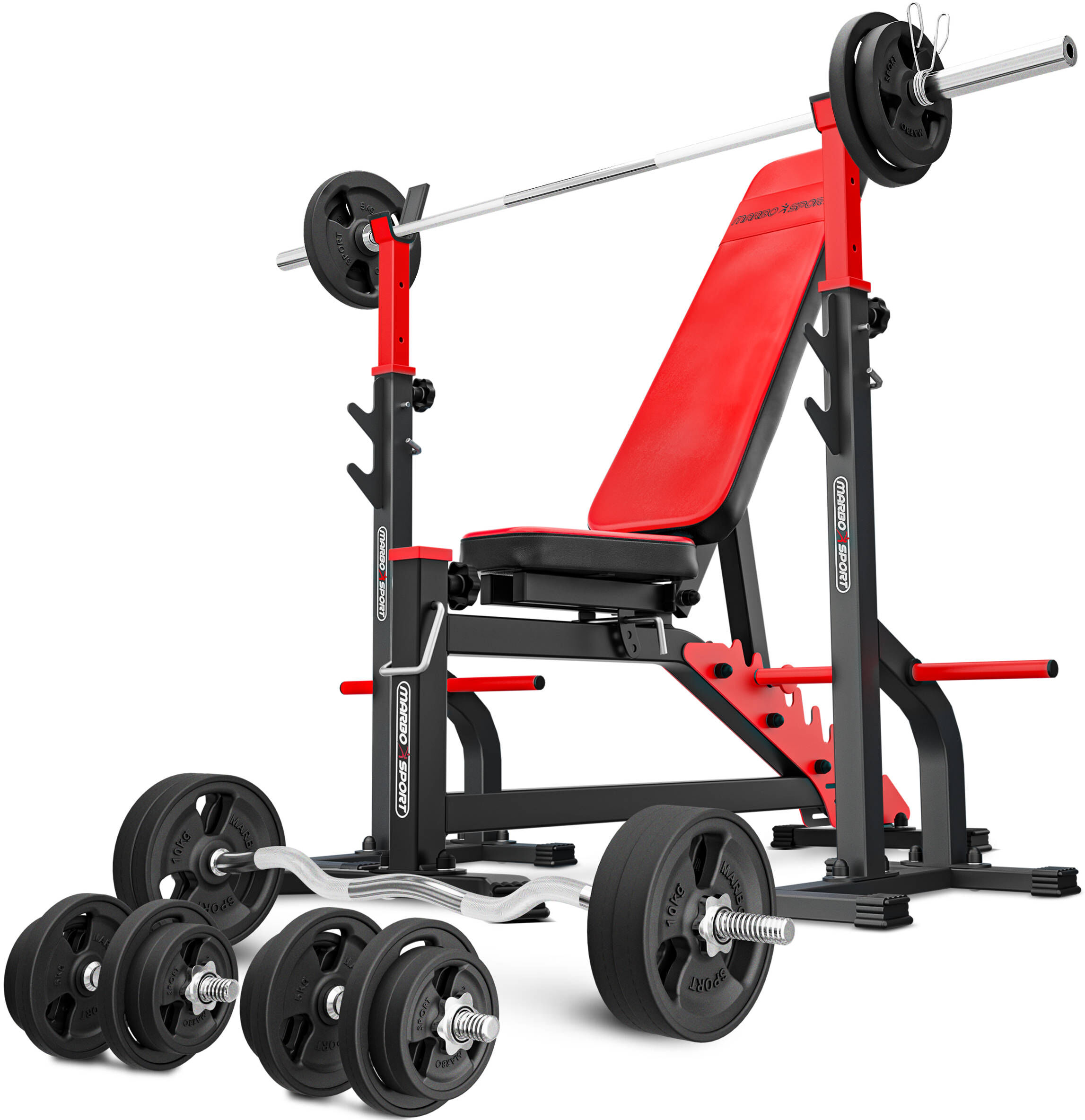 Marbo Sport Set MS30_155KG_KIER_G   Banco ajustable de doble cara MS-L102 + Soportes con seguridad MS-S108 + Juego de barras reforzadas y pesas de goma 113 kg -