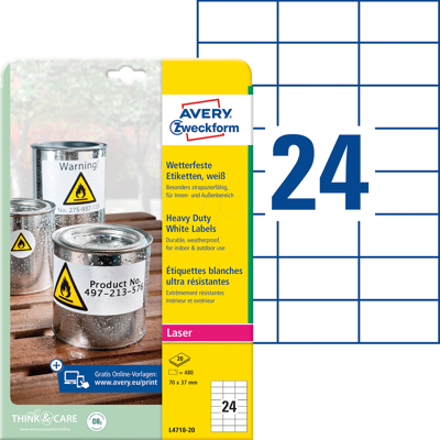 AVERY ZWECKFORM AVZ L4718-20 - Etiquetas para láminas, resistentes al agua, 70 x 37 mm, AVERY ZWECKFORM AVZ L4718-20 - Etiquetas para láminas, resistentes al agua, 70 x 37 mm,