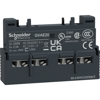 SCHNEIDER ELECTRIC GVAE20 - Interruptor auxiliar, TeSys GVAE, 2 NC, parte delantera SCHNEIDER ELECTRIC GVAE20 - Interruptor auxiliar, TeSys GVAE, 2 NC, parte delantera