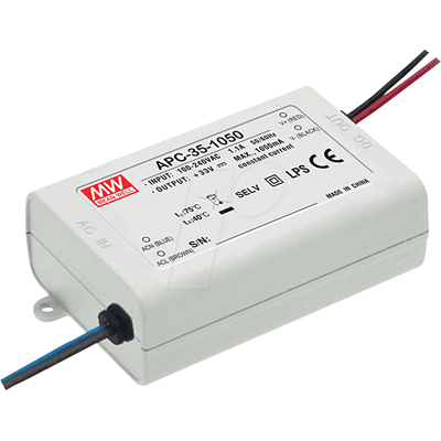 MEAN WELL MW APC-35-1050 - Transformador LED, 35 W, 11 - 33 V CC, 1050 mA MEAN WELL MW APC-35-1050 - Transformador LED, 35 W, 11 - 33 V CC, 1050 mA