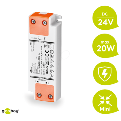 GOOBAY 30612 - Transformador LED, 20 W, 24 V CC, 840 mA, slim GOOBAY 30612 - Transformador LED, 20 W, 24 V CC, 840 mA, slim