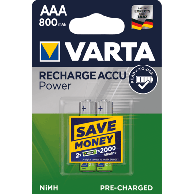 VARTA VAR R2U 2X800 - Batería NiMH, AAA (Micro), 800 mAh, paquete de 2 VARTA VAR R2U 2X800 - Batería NiMH, AAA (Micro), 800 mAh, paquete de 2