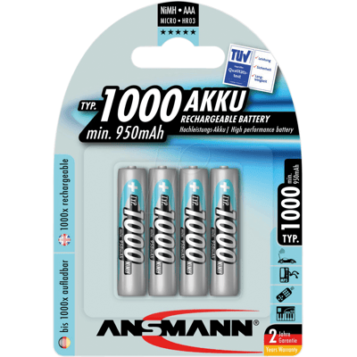 ANSMANN NH 4X1000 ANS - Pila de NiMH, AAA (Micro), 1000 mAh, paquete de 4 ANSMANN NH 4X1000 ANS - Pila de NiMH, AAA (Micro), 1000 mAh, paquete de 4