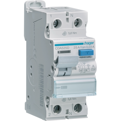 Hager CDA525D - Interruptor de fuga - 2P, 25A, 30mA, Tipo A Hager CDA525D - Interruptor de fuga - 2P, 25A, 30mA, Tipo A