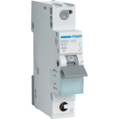 Hager MBS120 Interruptor Automático - 20A, 1P, Gris - Tipo B, IP2X Hager MBS120 Interruptor Automático - 20A, 1P, Gris - Tipo B, IP2X