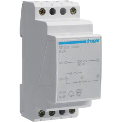 HAGER ST303 - Transformador de timbre 230V / 8V y 12V 8va 2PLE HAGER ST303 - Transformador de timbre 230V / 8V y 12V 8va 2PLE