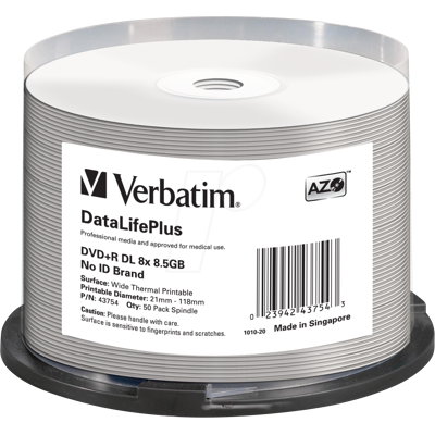 VERBATIM 43754 - DVD+R 8,5 GB, imprimible térmica, husillo de 50 VERBATIM 43754 - DVD+R 8,5 GB, imprimible térmica, husillo de 50
