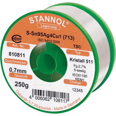 STANNOL STA 511 TSC 0,7 - Soldadura sin plomo con contenido de color plateado y cobre, Ø 0 STANNOL STA 511 TSC 0,7 - Soldadura sin plomo con contenido de color plateado y cobre, Ø 0