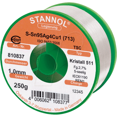 STANNOL STA 511 TSC 1,0 - Soldadura sin plomo con contenido de color plateado y cobre, Ø 1 STANNOL STA 511 TSC 1,0 - Soldadura sin plomo con contenido de color plateado y cobre, Ø 1
