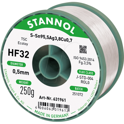 STANNOL STA HF32 TSC 0,5 - Soldadura HF32 sin plomo con contenido de plata y cobre, Ø 0,5 m STANNOL STA HF32 TSC 0,5 - Soldadura HF32 sin plomo con contenido de plata y cobre, Ø 0,5 m
